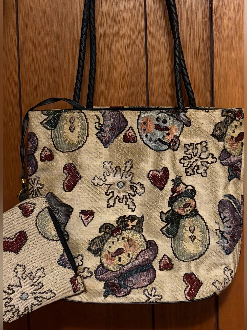 Woven Snowman Pattern Tote Bag with matching coin purse/small wallet